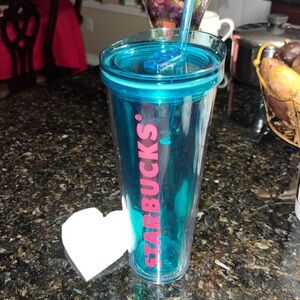 Starbucks Tumbler Venti Neon Teal Clear Pink 2014 24oz. w/ Lid & Generic straw